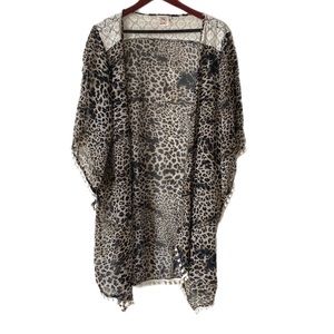 GRACE & EMMA Kimono Topper Cardigan Animal Print Pom Poms Lace Trim Open Plus